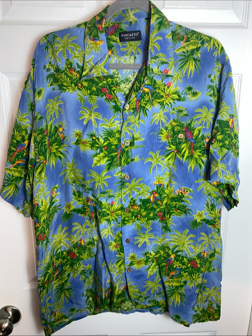 Riscatto Blue Tropical Hawaiian Shirt with Parrot Print Made in Italy Sz Large